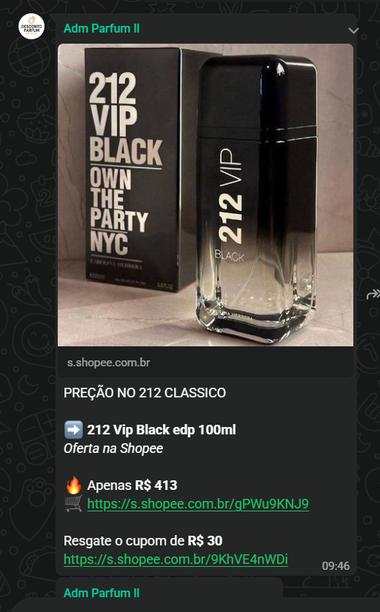 Print do grupo Desconto Parfum mostrando oferta de perfume 212 Vip Black